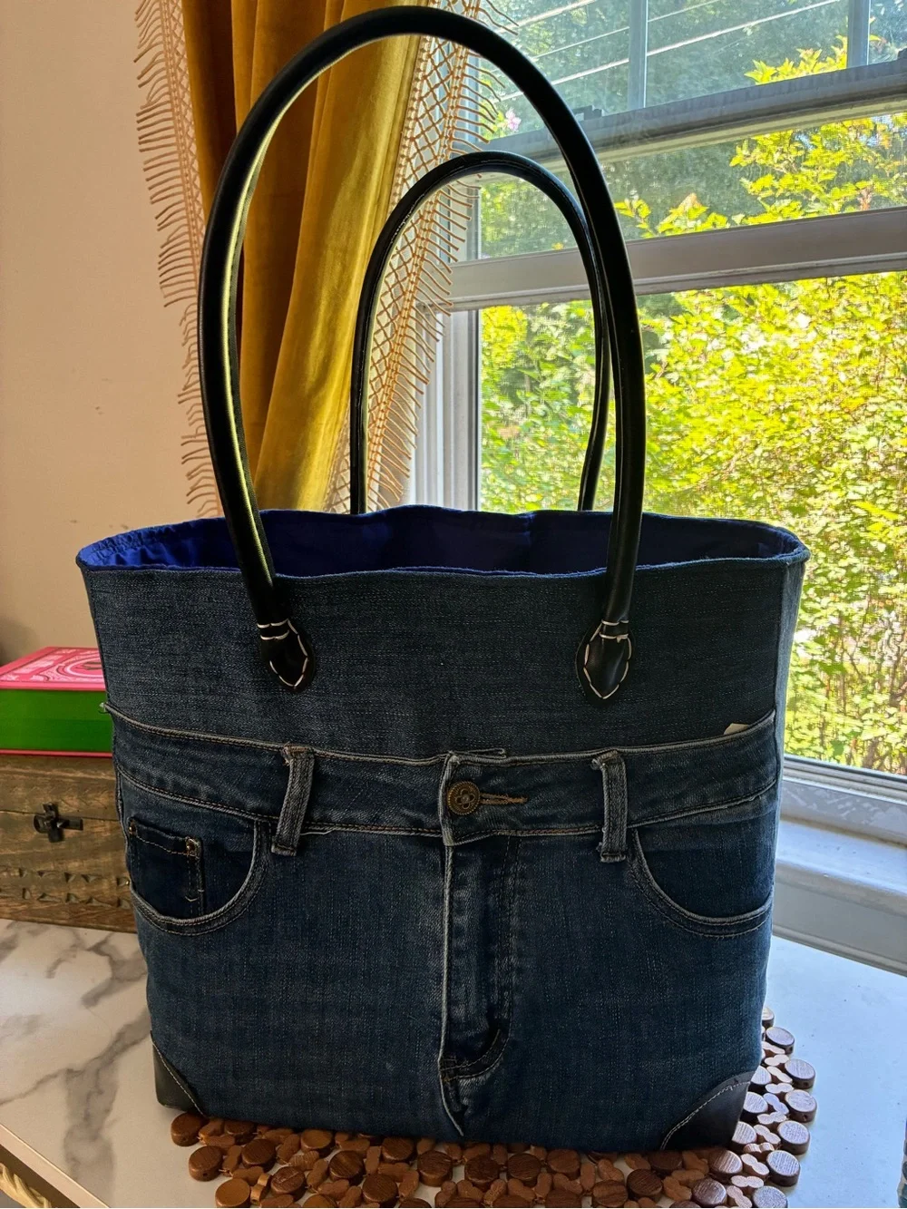 Dark Blue Denim Tote with Black Handles